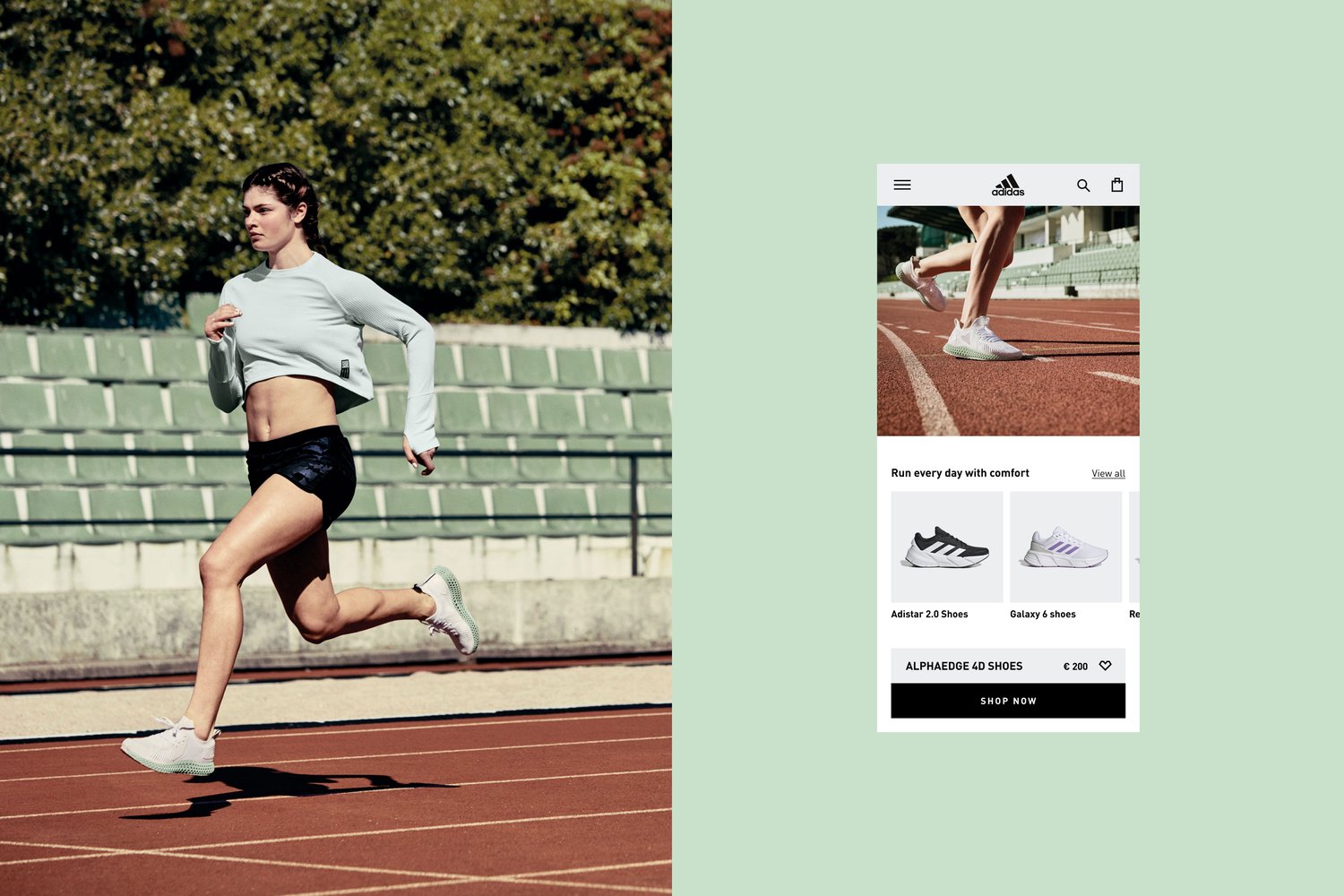 UI image of the Adidas.com e-com with an Adidas brand image of a woman running
